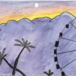 Postcard face featuring a painting of palm trees and a ferris wheel in front of mountains, painted in watercolor with pen detail