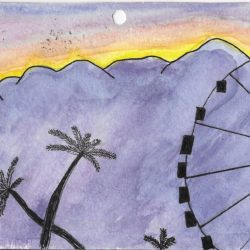 Postcard face featuring a painting of palm trees and a ferris wheel in front of mountains, painted in watercolor with pen detail