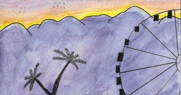 Postcard face featuring a painting of palm trees and a ferris wheel in front of mountains, painted in watercolor with pen detail