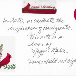 Postcard face featuring a handwritten inscription in black ink and several stickers featuring cardinals