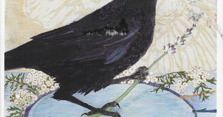 Postcard face featuring a painting of a crow and the words "YOU ARE DEEPLY LOVED"