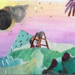Watercolor and mixed media postcard depicting a surreal landscape