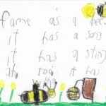Postcard face featuring crayon and pencil drawings of bees, and a handwritten inscription in pencil
