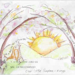 Postcard face featuring a watercolor painting of an orchard, bees, and a bird singing the lines "some keep the sabbath", "a bobolink for a chorister", "an orchard for a dome" and "our little Sexton - sings"