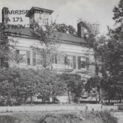 Black and white postcard depicting a photograph of the Dickinson Homestead