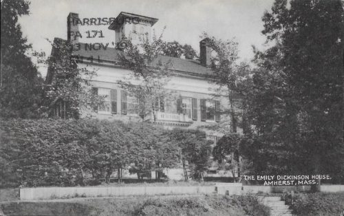 Black and white postcard depicting a photograph of the Dickinson Homestead