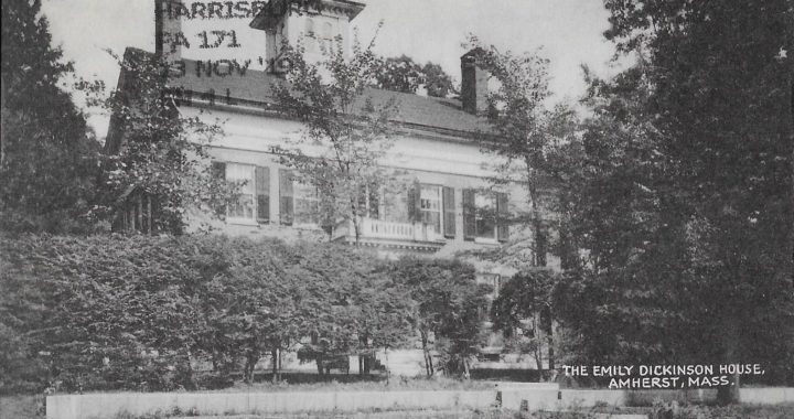 Black and white postcard depicting a photograph of the Dickinson Homestead