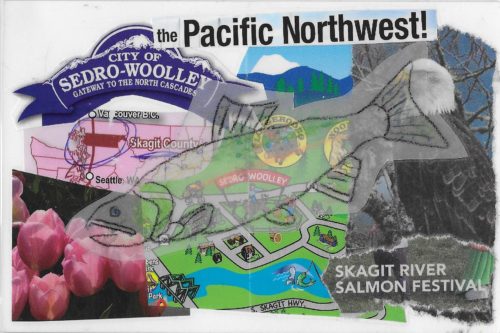 Handmade postcard with collage of images from Skagit Co, WA
