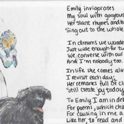 Handmade postcard with original inscription in black ink and pasted image of Emily Dickinson and Carlo