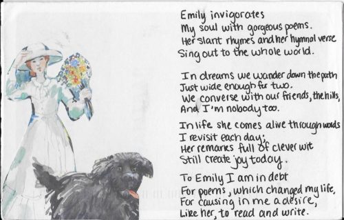 Handmade postcard with original inscription in black ink and pasted image of Emily Dickinson and Carlo