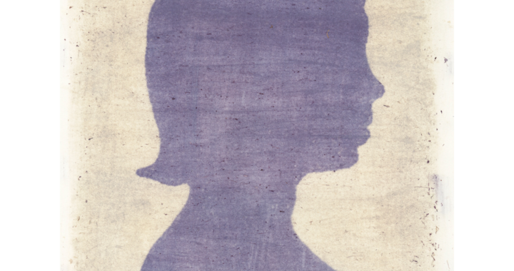 a purple version of Dickinson's side profile as a child