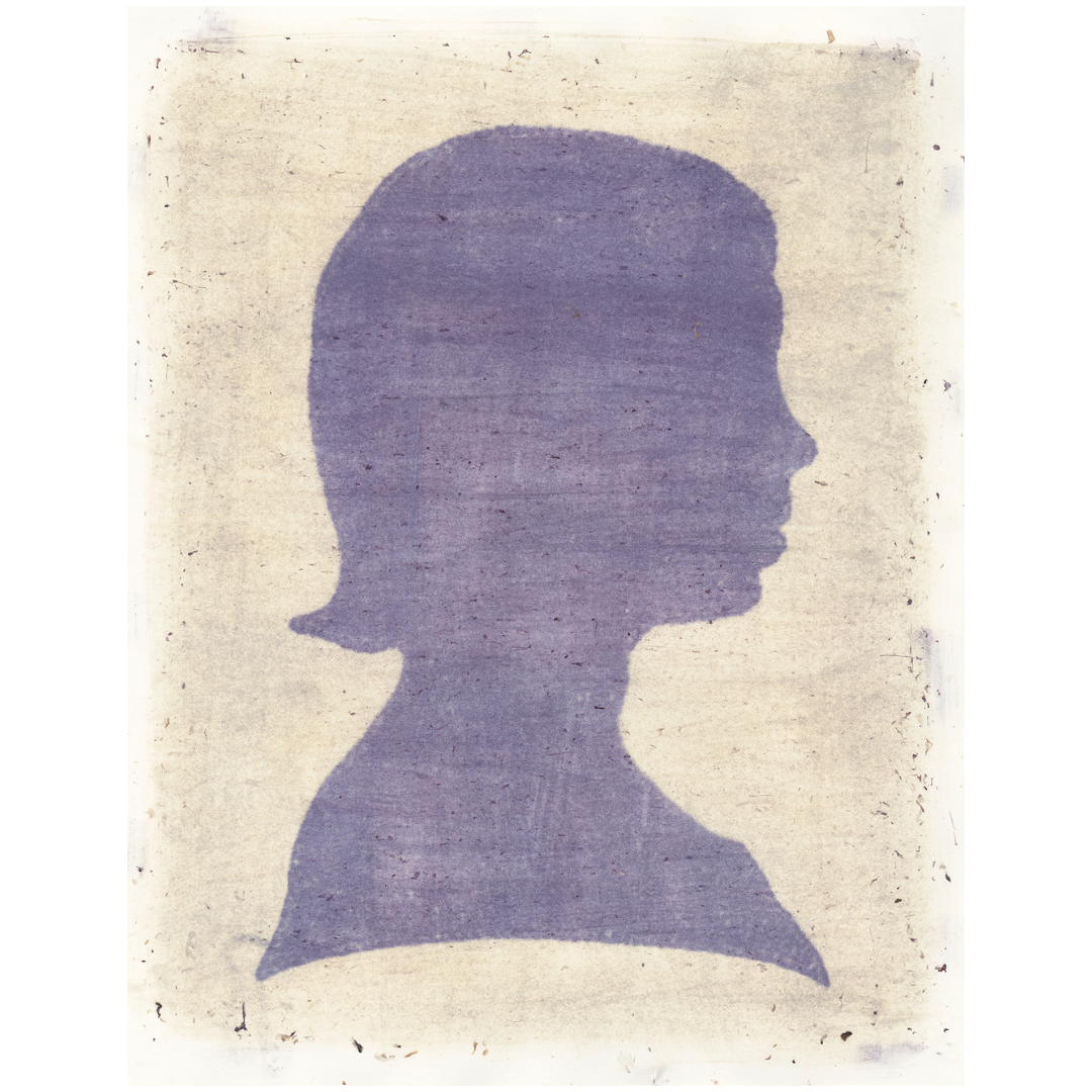 a purple version of Dickinson's side profile as a child